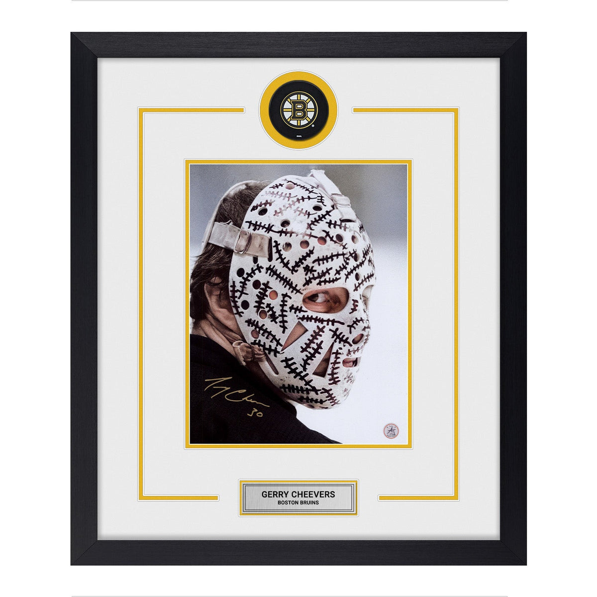 Gerry Cheevers Autographed Boston Bruins Puck Logo 22x26 Frame product image 1, provided for visual reference and product